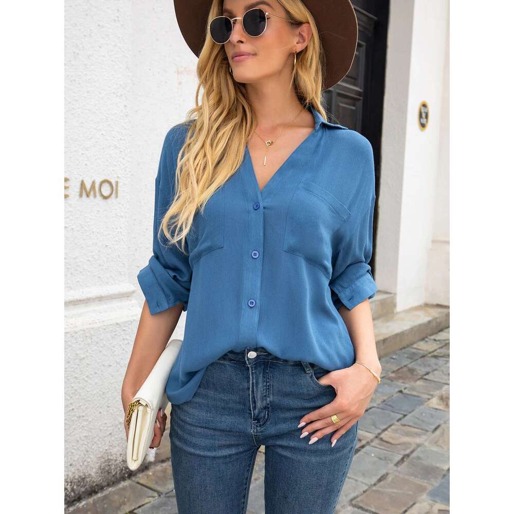 II Long Sleeve Cotton En Blouses Shirts Button Down Solid Loose Female Tunic Casual V Neck Spring Summer Cardigan Women's Top