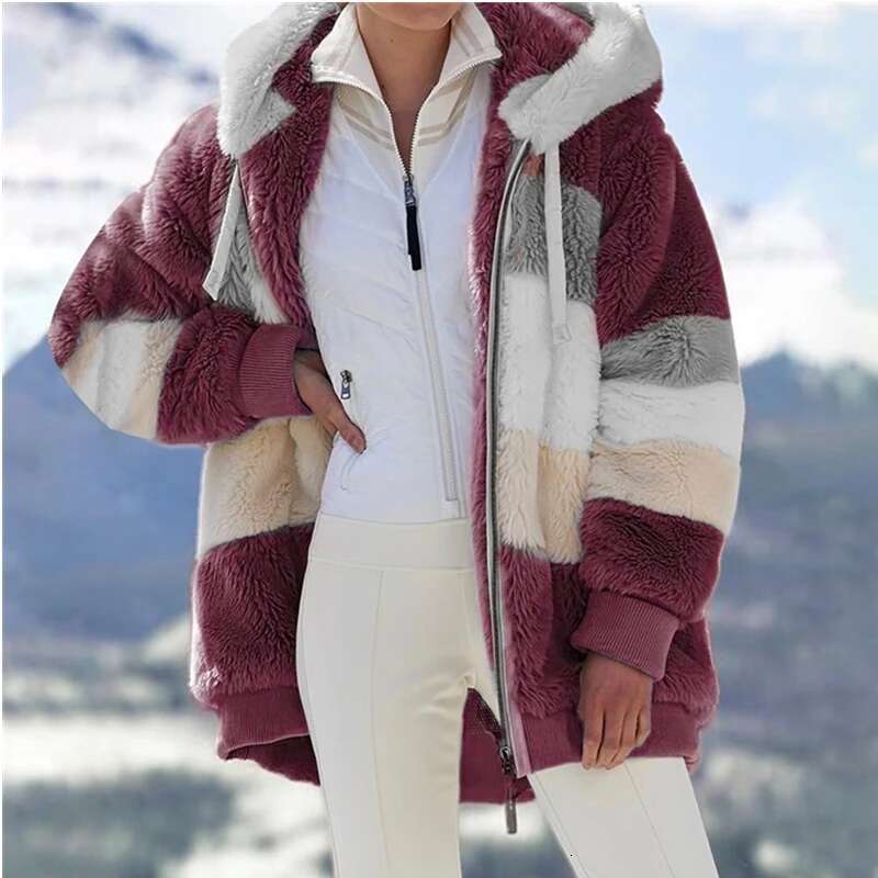 Women Fall Winter Warm Plush Hooded Coat Contrast Color Long Sleeve Zip Up Thick Cardigan Jacket 2021 E-Girls Streetwear Outwear