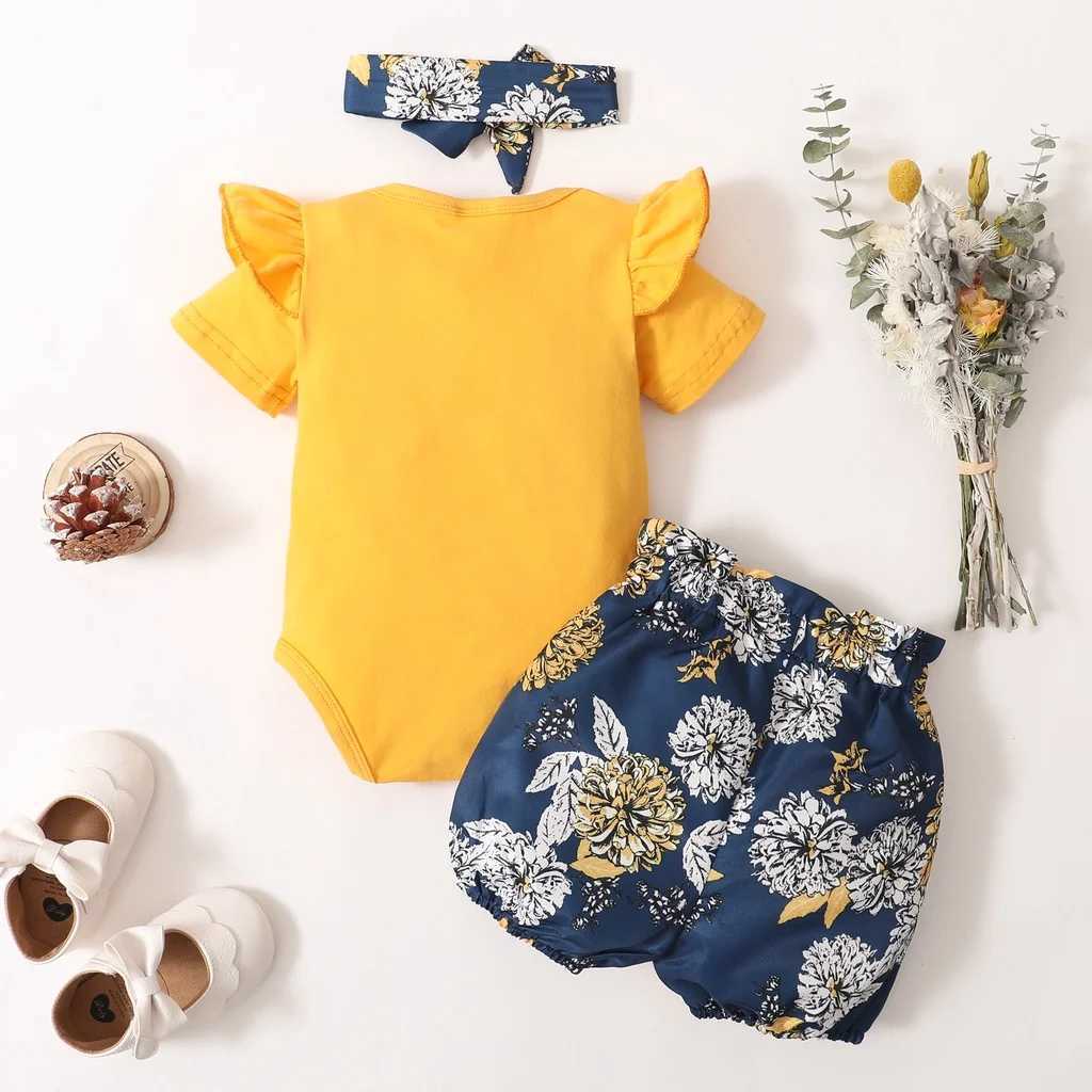 3-piece set of baby clothing solid color pleated short sleeves tight fitting clothes+floral short sleeves+headband cute summer clothing lasting 0-18 m