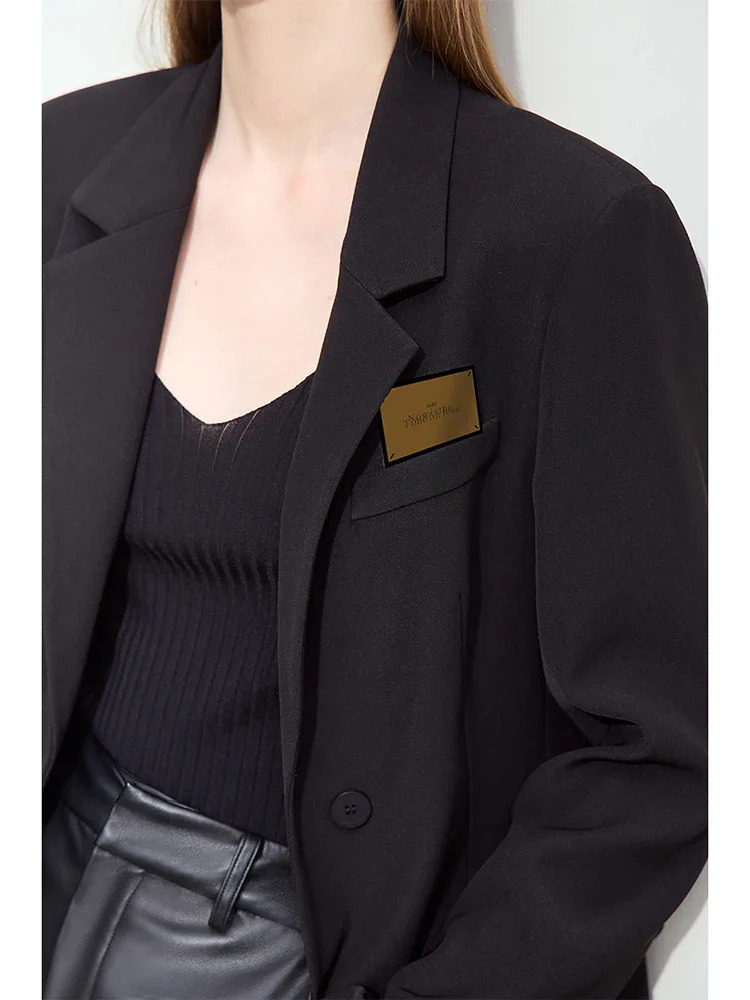 Amii Minimalism Womens Blazers Autumn Lapel Collar Shoulder Pad Fashion Slit Midlength Basic Female Jackets 12443096 250213