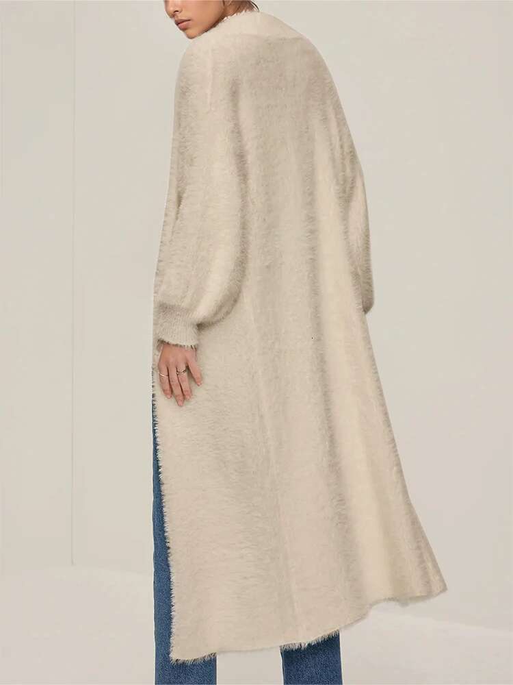 Women's 2024 Autumn And Winter New Style Simple Hem Slit Hollow Women's Cashmere Cardigan Medium-Length Knitted Jacket