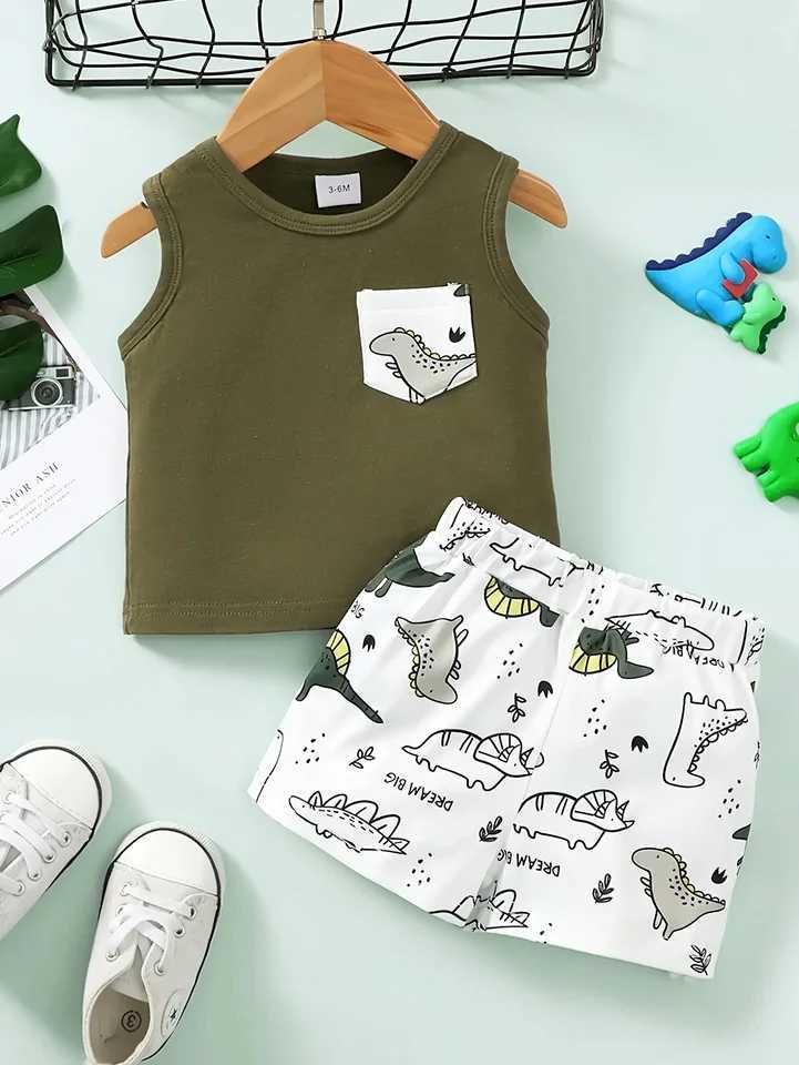 Summer Cool 0-2 Years Old Boys Dinosaur Prints Sleeveless Casual Two-Piece Suit W250218
