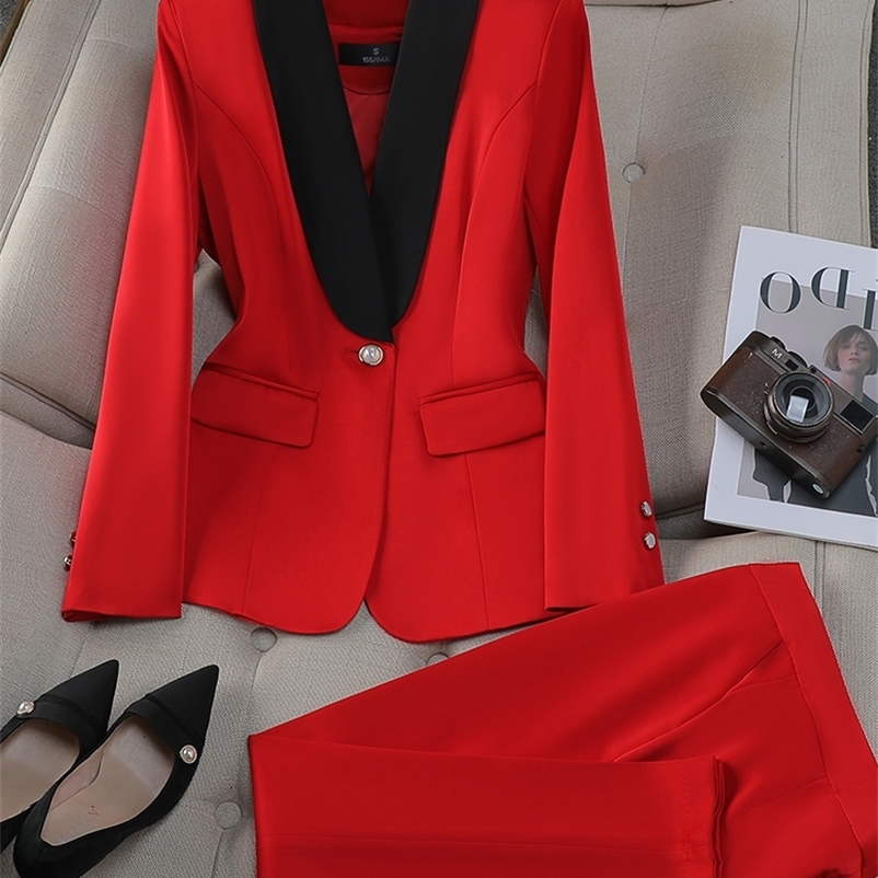 Office Ladies Pant Suit Yellow Red Purple Apricot Female Business Work Wear Jacket Blazer and Trouser Formal 2 Piece Set 250206