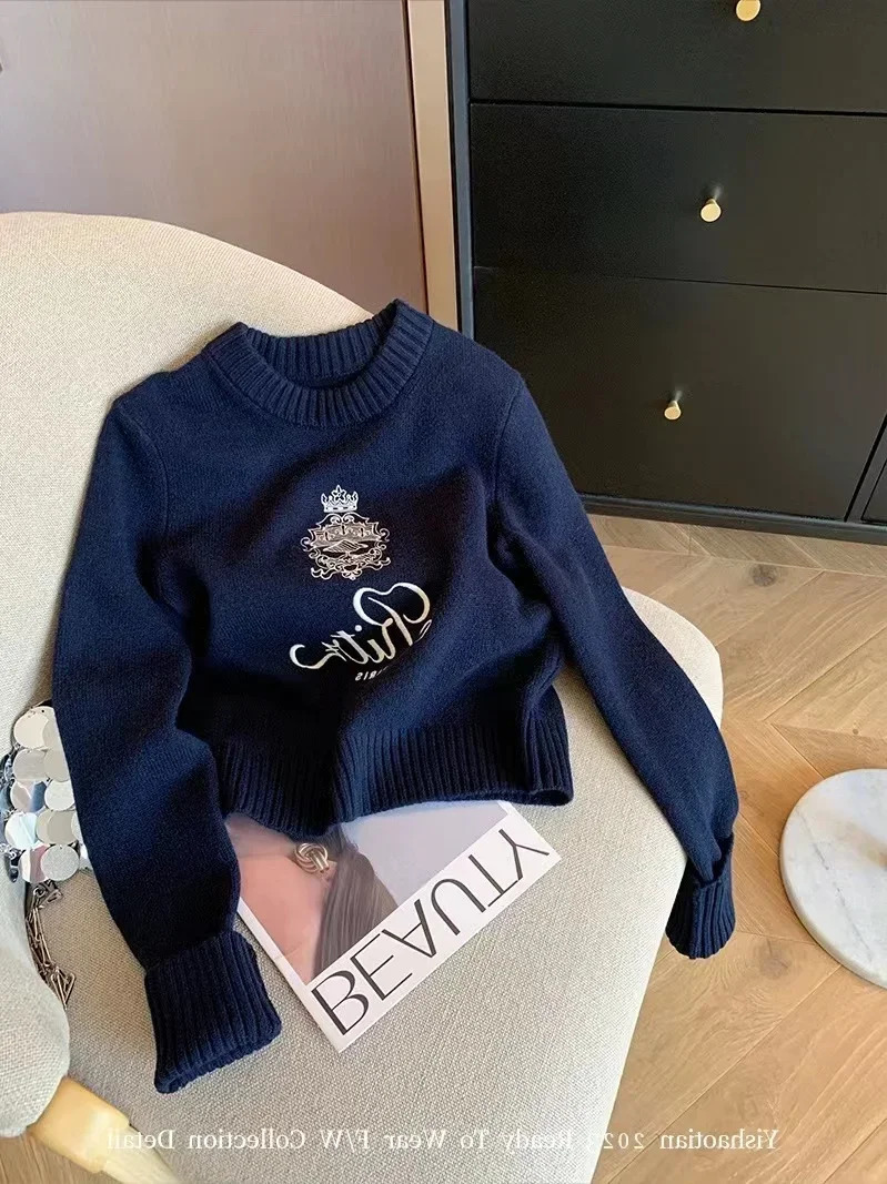 Autumn female Letters Embroidery Round Neck Pullover Sweater women Winter Cashmere Knitwear Jumper Casual White Knitwear Tops 250217