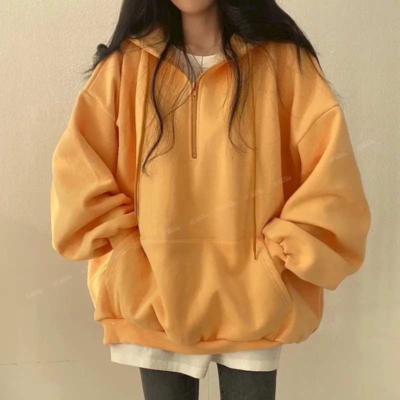 Oversized Hoodie with Zipper for Women Monochrome Sweatshirts Casual Hoodies Essential Female Korean Fashion 250213