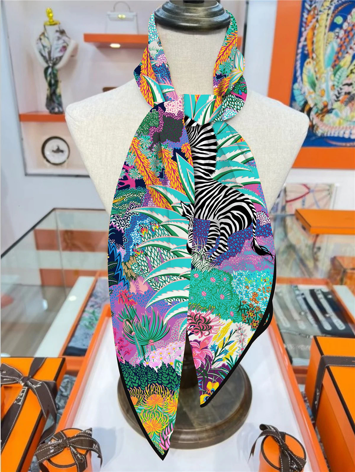 90cm Jungle Zebra Square Scarf Women Twill Silk Scarf Shawl Hijab Bandana Foulard Neckerchief Head Scarf 250213