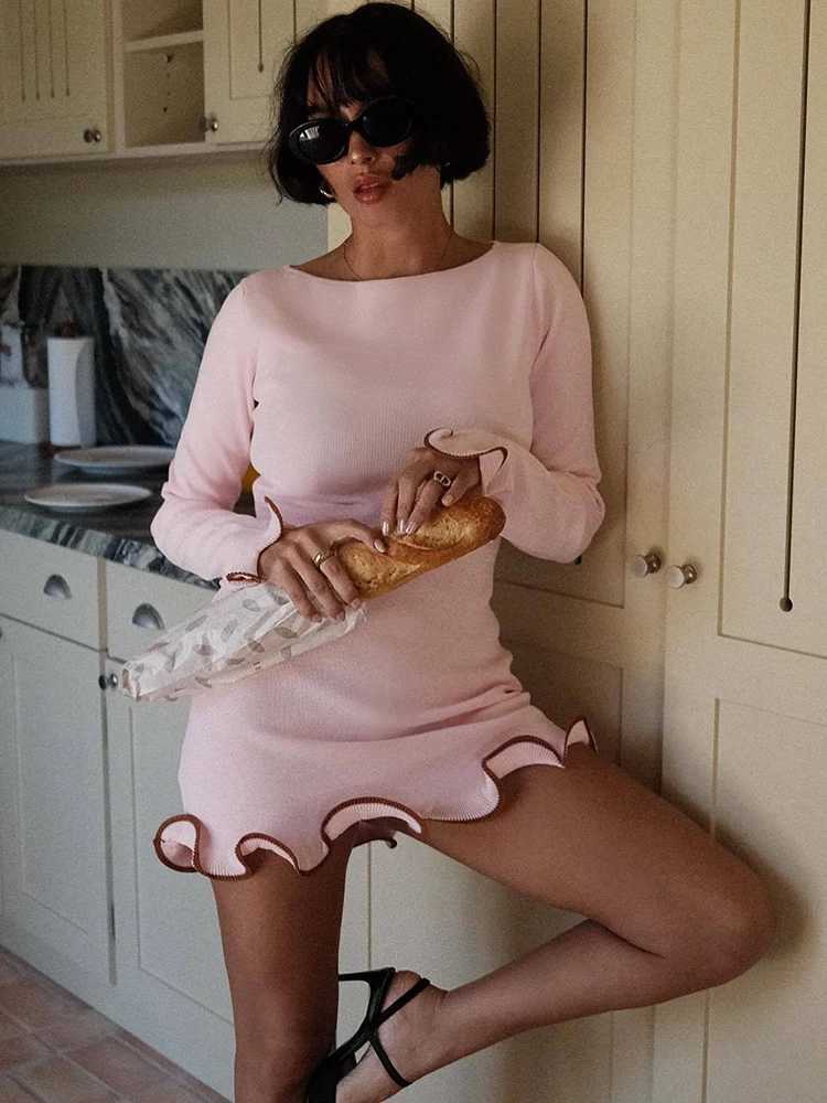 Basic Casual Dresses Fantoye Knitted Sexy Round Neck Ruffles Dress Women Black Long Slve High Waist Dress Female Autumn Slim Elegant Party Clubwear H2