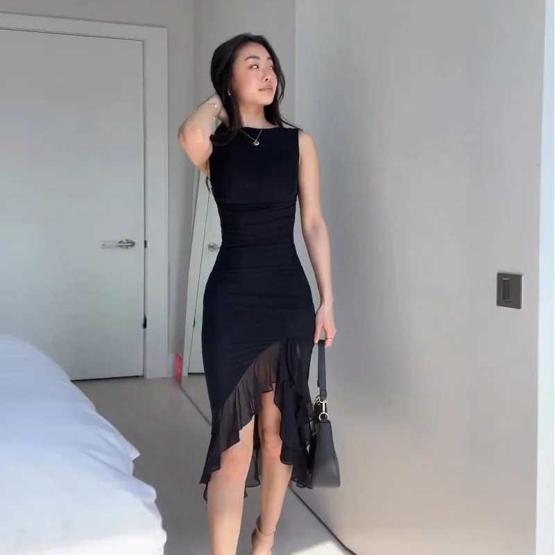 Basic Casual Dresses Women Maxi Dress Summer Elegant Solid Slveless Nipped Waist Slim Backless Ruffled Irregular Party Dresses Strtwear H25217