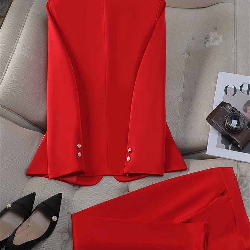 Office Ladies Pant Suit Yellow Red Purple Apricot Female Business Work Wear Jacket Blazer and Trouser Formal 2 Piece Set 250206