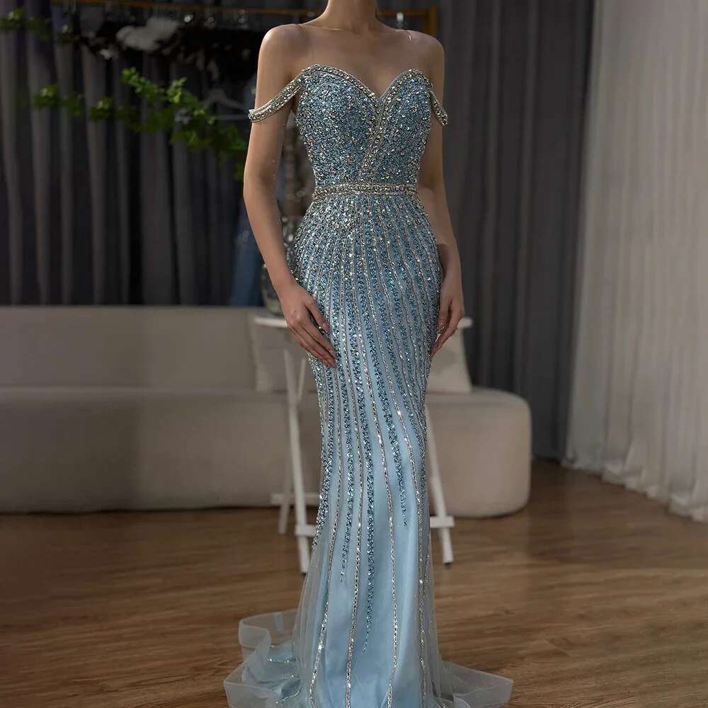 Prom Blue Mermaid Gown Beaded Saudi Evening Dress For Formal Ocn Customize BLA A mal