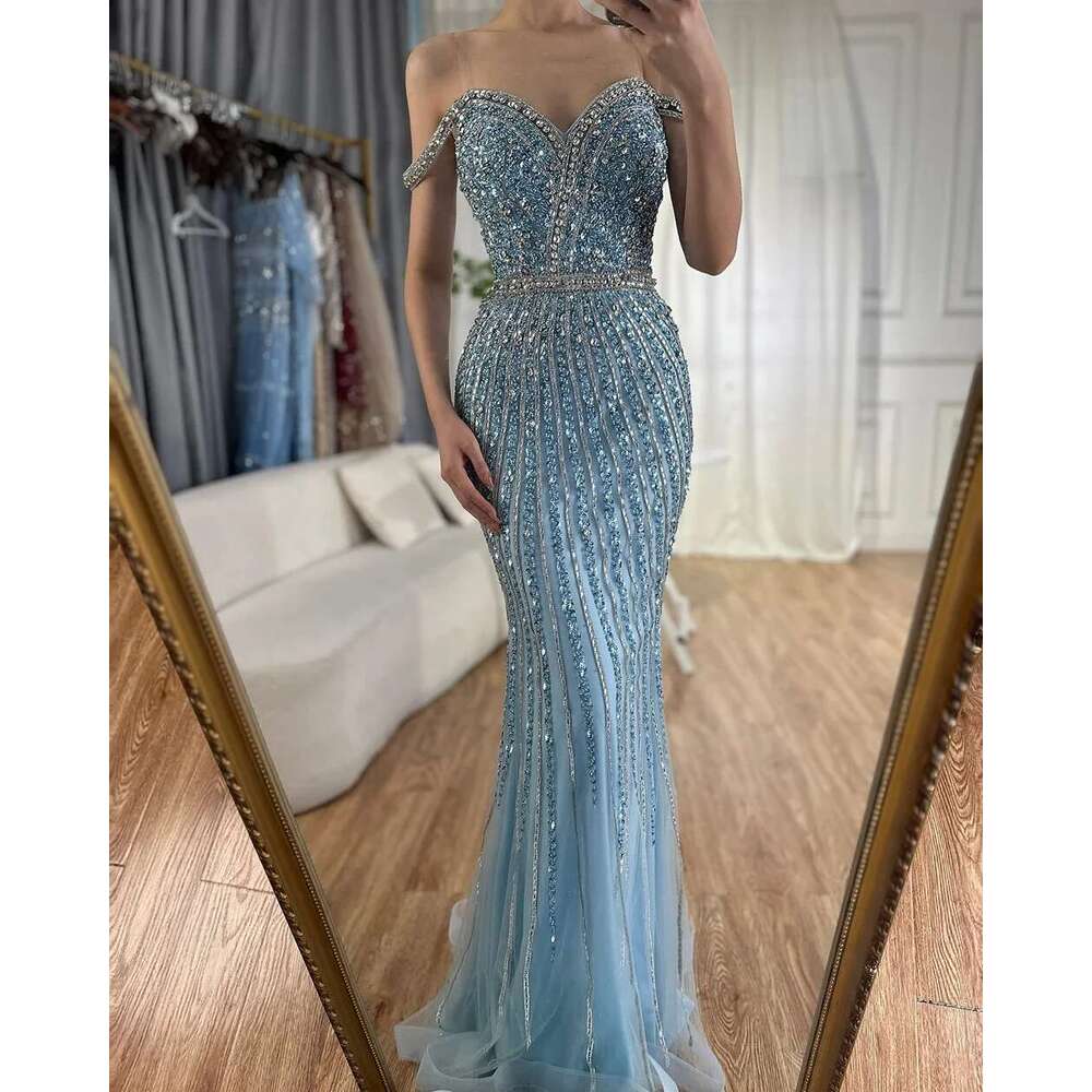 Prom Blue Mermaid Gown Beaded Saudi Evening Dress For Formal Ocn Customize BLA A mal