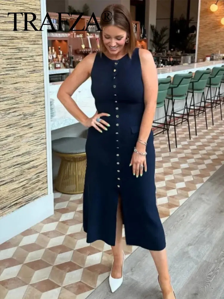 TRAFZA Women Elegant Solid Knitted Dress Single Breasted O Neck Sleeveless Dresses With Pockets Slim Midi Office Lady TRAF 250206