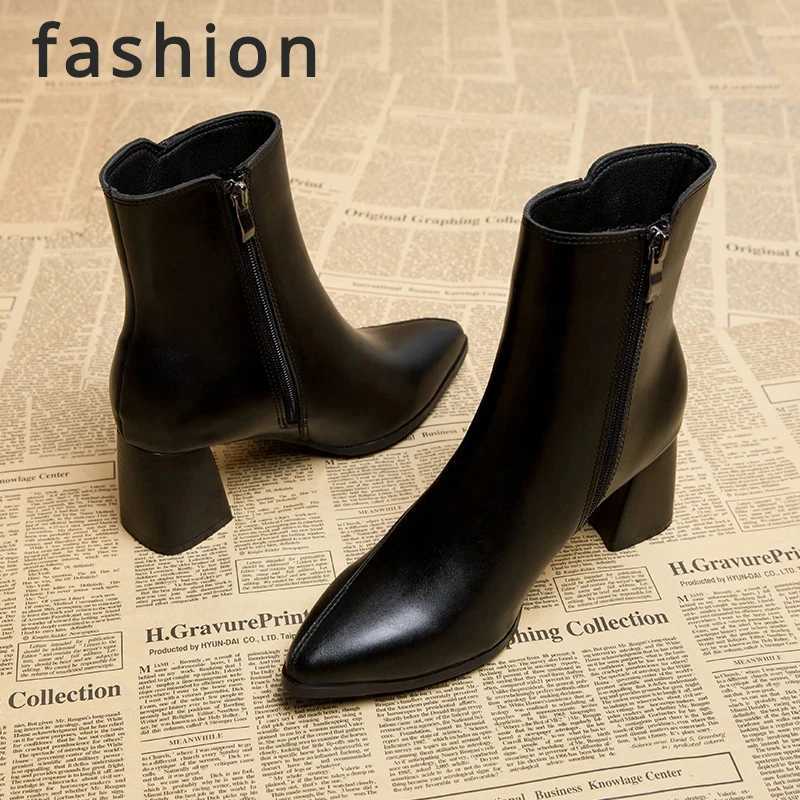 Spring and Autumn New British Style hick Heel Womens Boots Pointed Toe Thin Side Zipper Black Nude Boots Women Mid-heel FiXJ250217