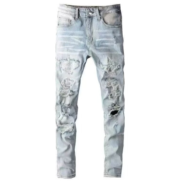 Mens Jeans Designer Street Trend Zipper High Street Fit Ripped Destroyed Straight Pants Vintage Hip Hop Trouser Streetwear