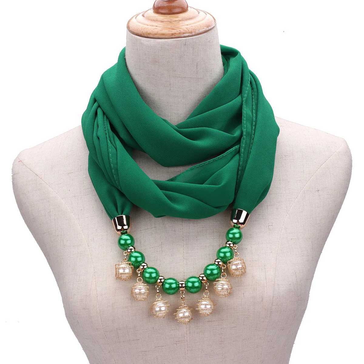 Womens Chiffon Neckerchief Hijabs Scarf Necklaces Beads Pearls Solid Color Jewelry Shl Pendant Scarves Bohemia Head Scarf W250218
