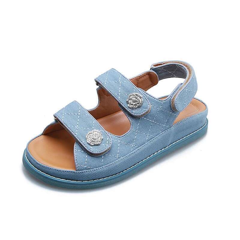 Camellia Buckle Denim Sandals Women Double Band Flat Jeans Sandalias Brand Plaid Sandales Back Hook&Loop Summer Shoes Woman 2025