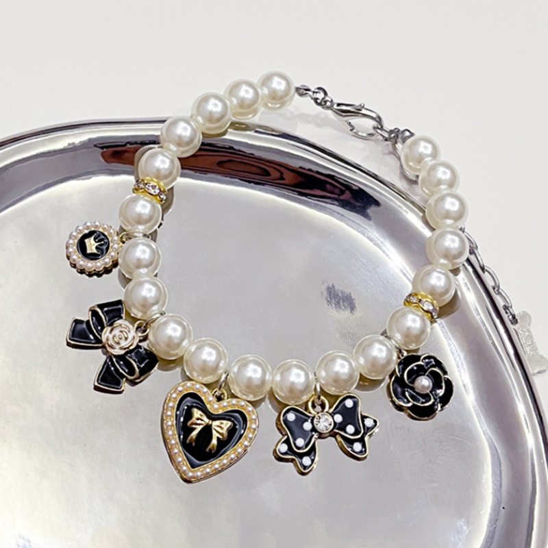 Luxury Dog Pearl Necklace with Love, Bow, Flower, 5 Black Gold Charms, Cat Dog High Quality Pearl Necklacefor for Small Medium Dogs Birthday Gift, Adj