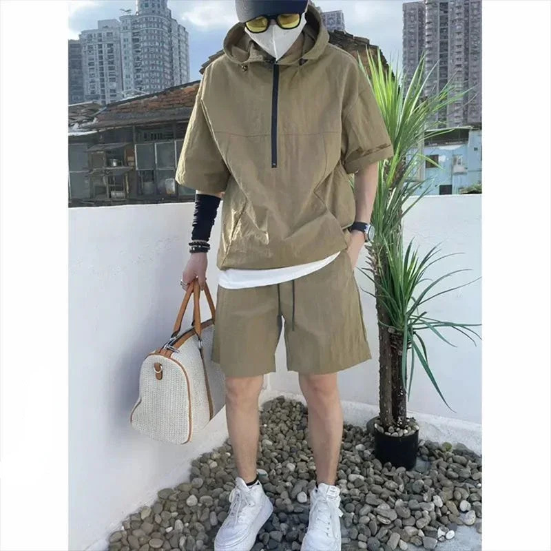 Summer Cargo Style Set Mens Casual Hooded Solid Short Sleeve T-shirt Shorts Loose Fashion High Quality Handsome Sweatshirt Suit 250217