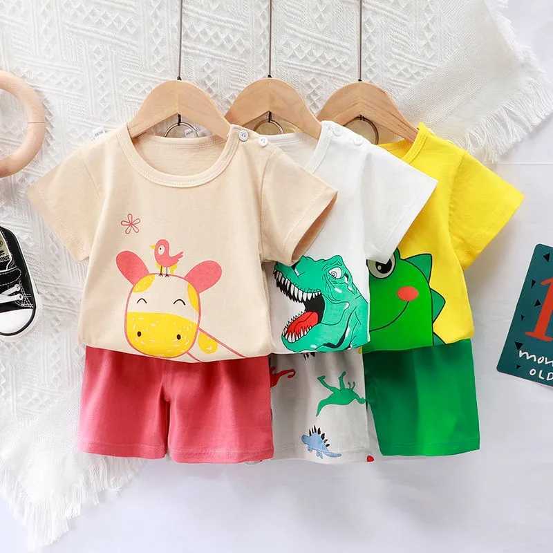 2023 New Kids Sets Summer Print Cute Boys Girls 2pcs Outfits Childrens Clothes Cotton Casual Toddler Tshirts Shorts Set W250218