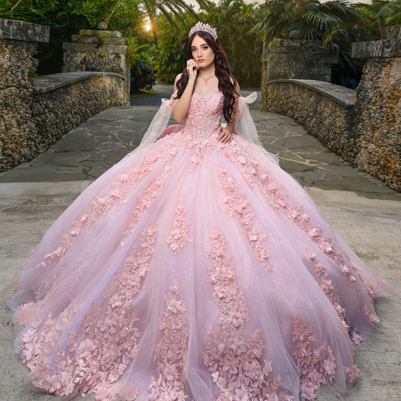 Pink Shiny Quinceanera Dresses Ball Gown Off The Shoulder Applique Lace Beads Tull Party Birthday Sweet 16 Dress Vestido 15 De Anos