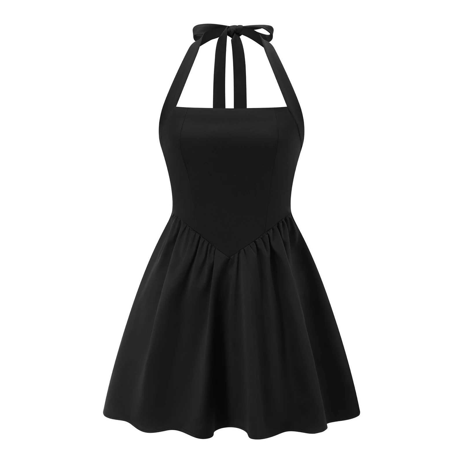 Basic Casual Dresses Women Summer Fashion Sexy Mini Tank Dress Slveless Halter Neck Solid Tie Up A-line High Waist Party Clubwear Bubble Dress H25217