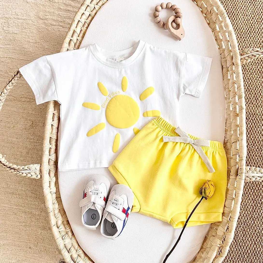 Toddler Boys Outfit Baby Clothes Set Newborn Baby Summer Clothing Cotton Girl Suit Sun Flower Print T-shirt+Beach Shorts W250218