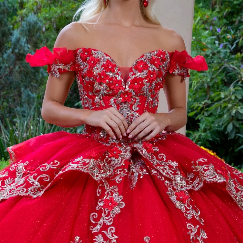 Red Shiny Quinceanera Dresses Ball Gown Off Shoulder Appliques Lace Flower Beading Crystal Tull Sweet 16 Dress Vestidos 15 De Anos