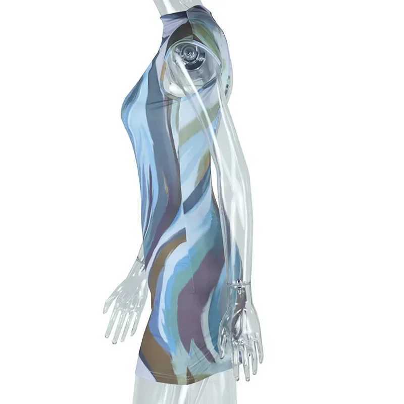 Basic Casual Dresses Fashion Women Tie Dye Print O-neck Backless Bodycon Mini Dress 2025 Sexy Sveless Slim Night Club Party Evening Dresses H25217