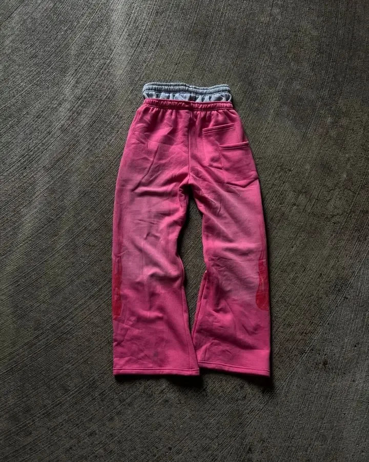 Pink Double Layer Sweatpants Y2K Mens Womens Gothic Hip Hop Letter Patch Retro Baggy Pants Casual Elastic Waist Jogging Pants 250217