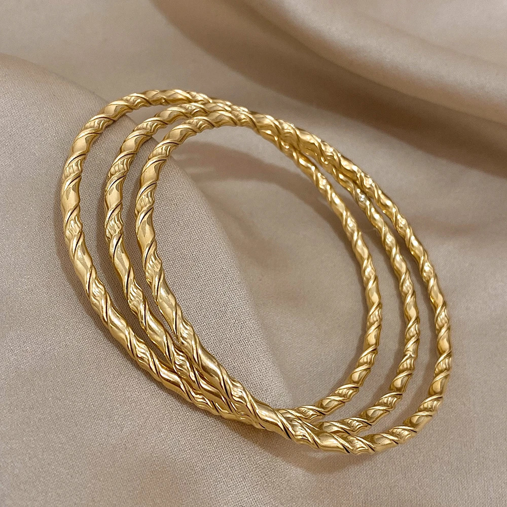3pcs Gold Color Twist Stainless Steel Bangle Bracelet Chic Classic Tibetan Buddha Golden Stacked Bangles For Women 250213