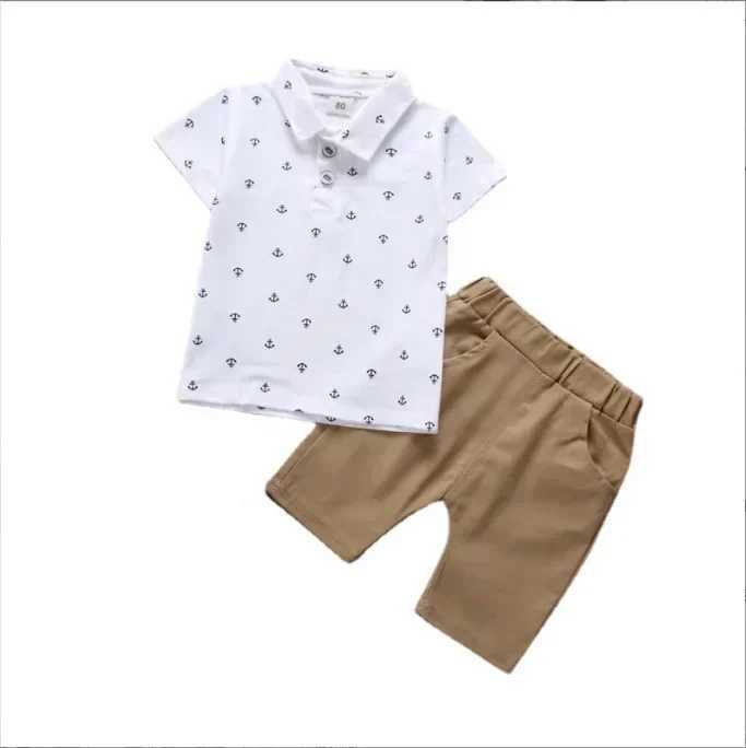 Childrens clothing short sleeved set boys polo shirt 2-piece set fully printed navy suit W250218