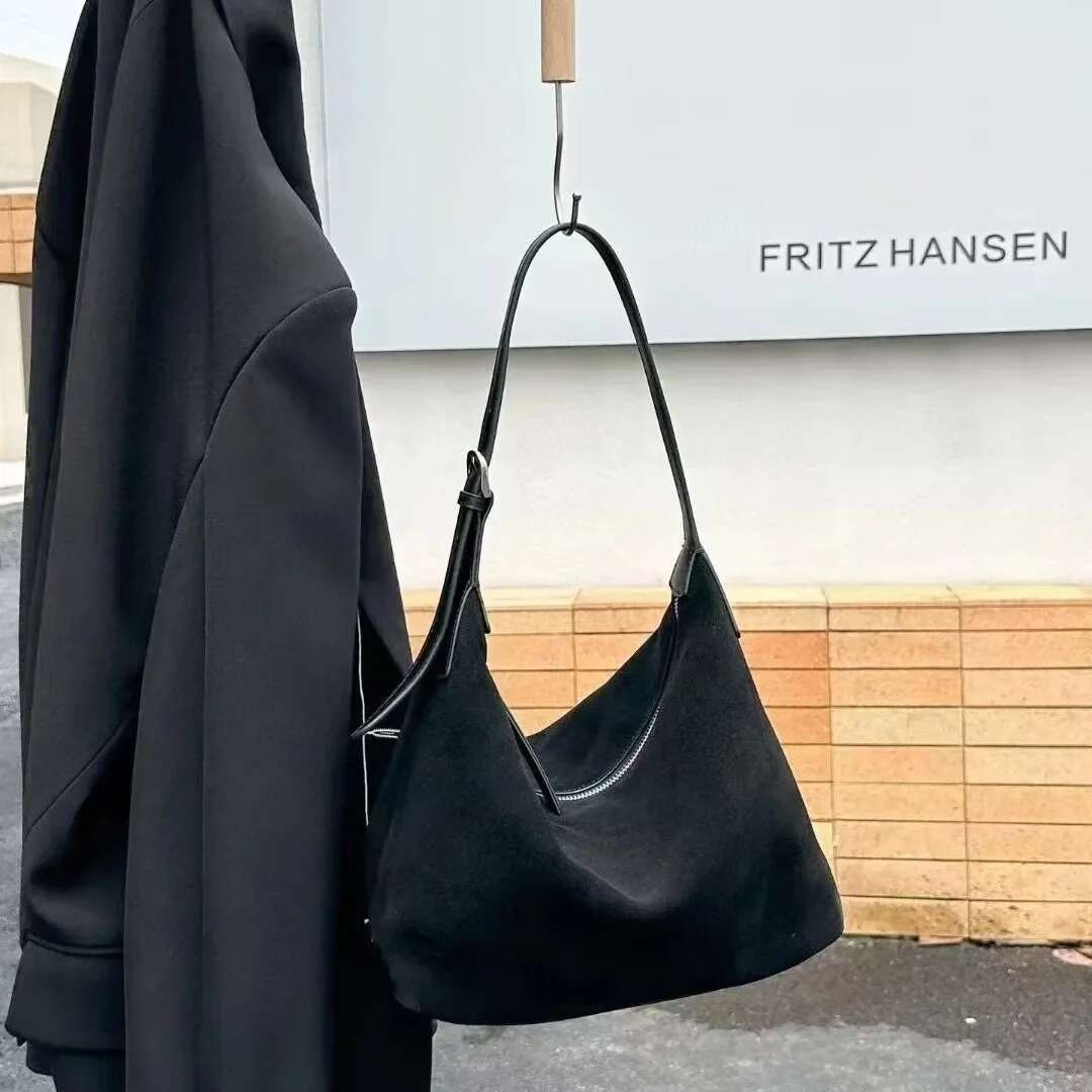 Fashionable Frosted Cow Long Handle Tote Winter Matte Suede Leather Women's Single-Shoulder Bag Grey Commute Handbag