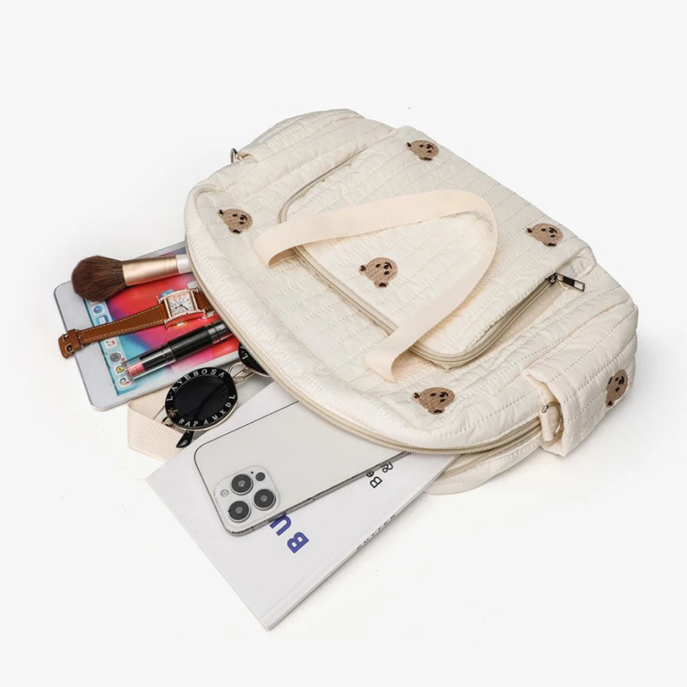 Cute Bear Flower Embroidery Pattern Baby Beige Cotton Fabric Zipper Diaper Handbag Luggage Bag 250218