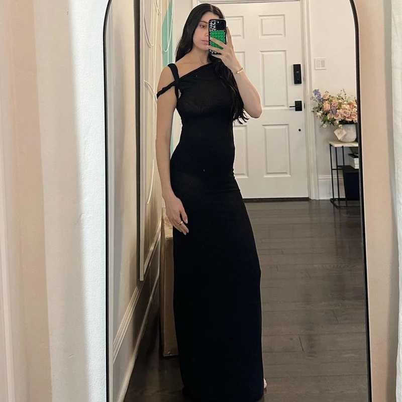Basic Casual Dresses Lygens 5750 Solid Evening Slveless Elegant Party Dresses 2024 Party Dress Summer Hollow Out Y2K Strtwear Casual Clothes H25217