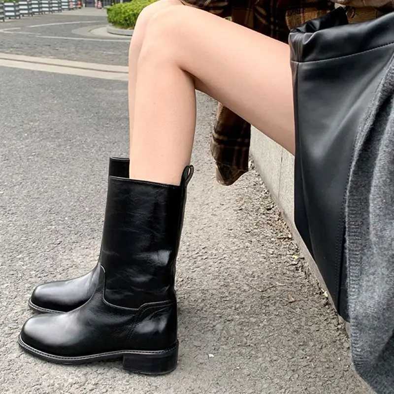 Biker Black Wern Punk Mid Calf Shoes For Woman Womens Boots Half High Round Toe Quality Offer Comfortable Goth FootwearXJ250217