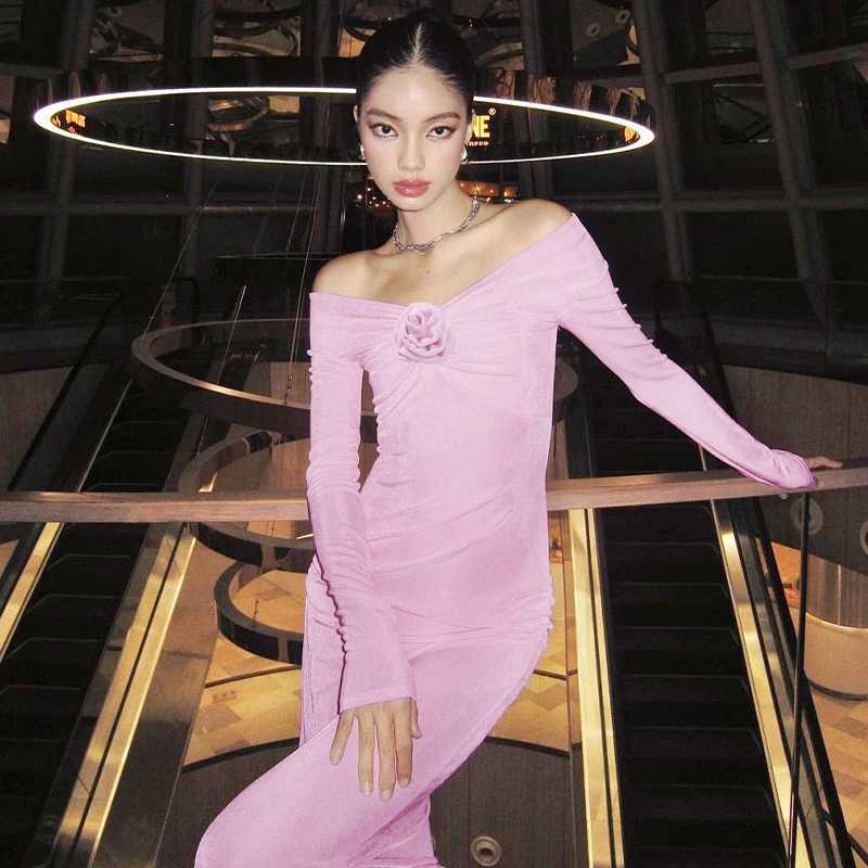 Basic Casual Dresses Lygens Off The Shoulder Floral Pattern Elegant Evening Shirring Prom Ladies Dresses 2024 Casual Clothes Y2K Fall Korean Clothes H