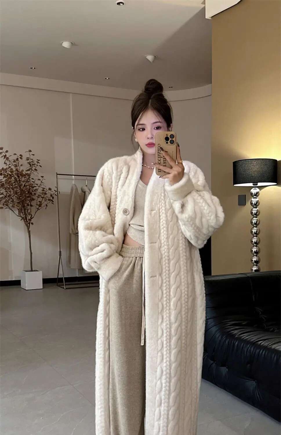 Artificial Fur Long Autumn And Winter 2024 New Fur Mink Plush Twist Coat Long One-Piece Cardigan Women