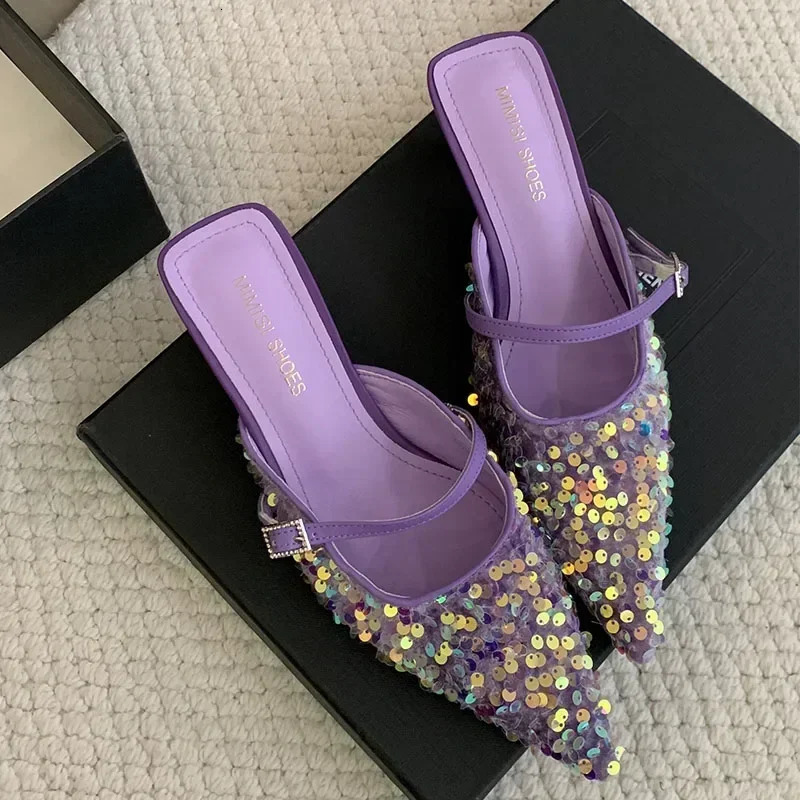 Colorful Bling er Slide Sandals Women Summer Sexy Pointed Toe Women Slippers Elegant Low Heeled Mules Loafers 250213