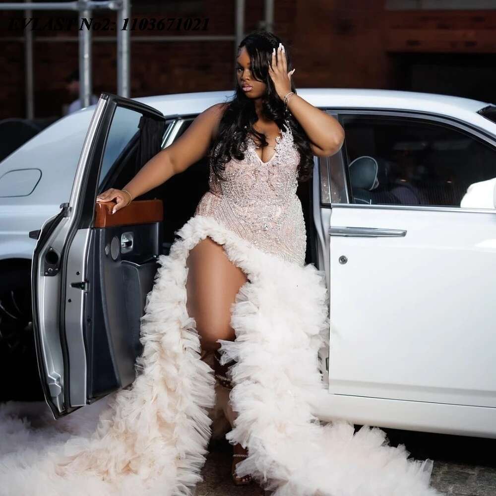 Customized EVLAST Pink Mermaid Prom Dress For Black Girls High Slit Ruffles Crystal Beading Party Evening Gown Soir E E P