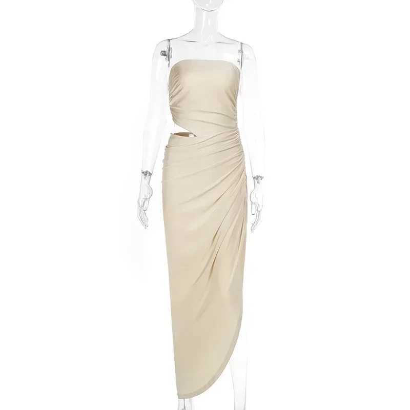 Basic Casual Dresses Women Sexy Hollow Out Shirring Strapless Asymmetrical Maxi Party Dress Elegant Strapless Backless Banquet Birthday Long Robe H252