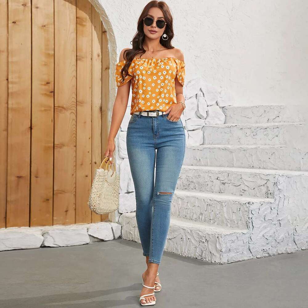 Off Shoulder Women's Chiffon Shirts Summer New Style Elegant Ral Slash Neck Tops