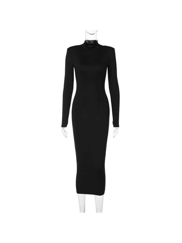 Basic Casual Dresses AHAgaga Winter Office Lady Regular Sexy Bodycon Maxi Dress Women Casual Long Slve Black Slim Dresses Woman Turtleneck Robes H2521