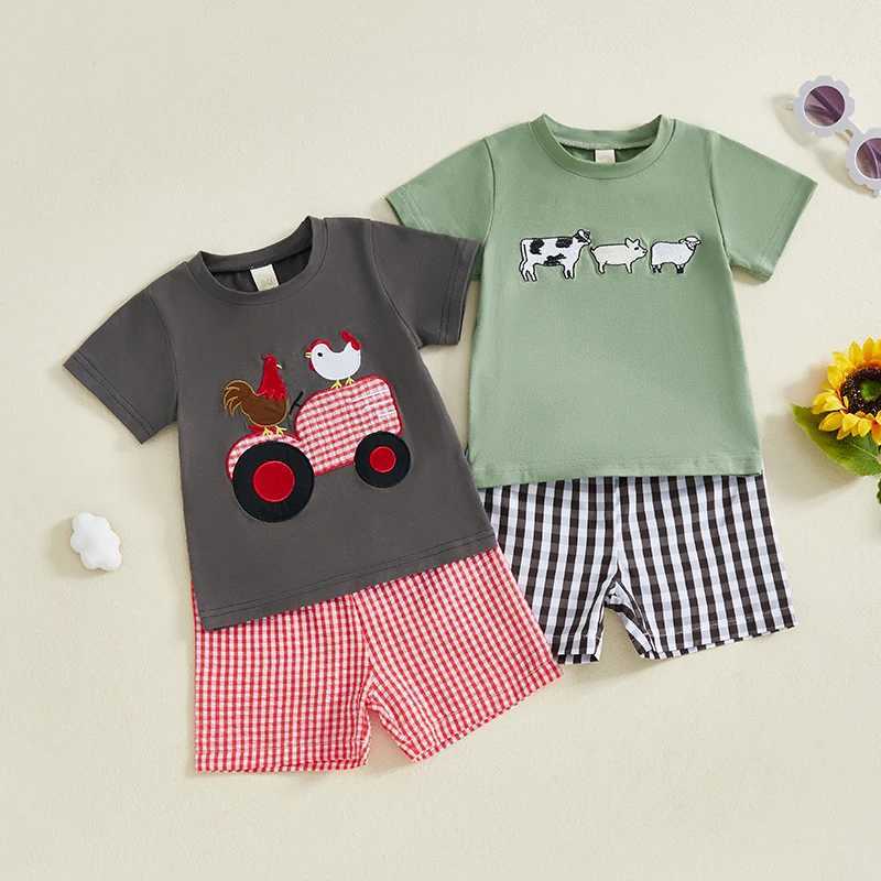 2024-12-23 Free Baby Boys Summer Outfits Car Pattern Short Sleeves T-Shirt and Elastic Plaid Shorts Set Clothes Set W250218