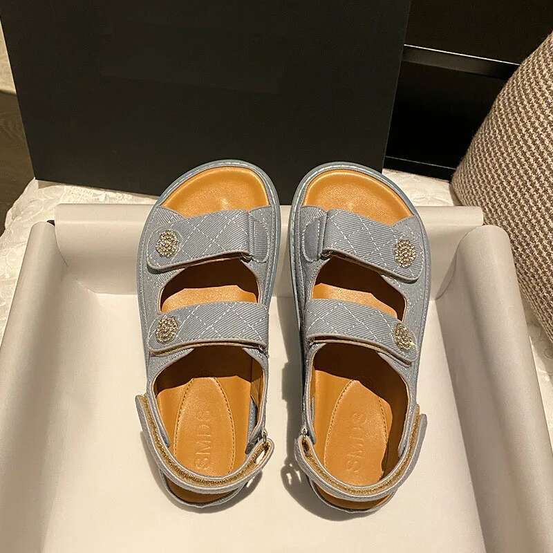 Camellia Buckle Denim Sandals Women Double Band Flat Jeans Sandalias Brand Plaid Sandales Back Hook&Loop Summer Shoes Woman 2025