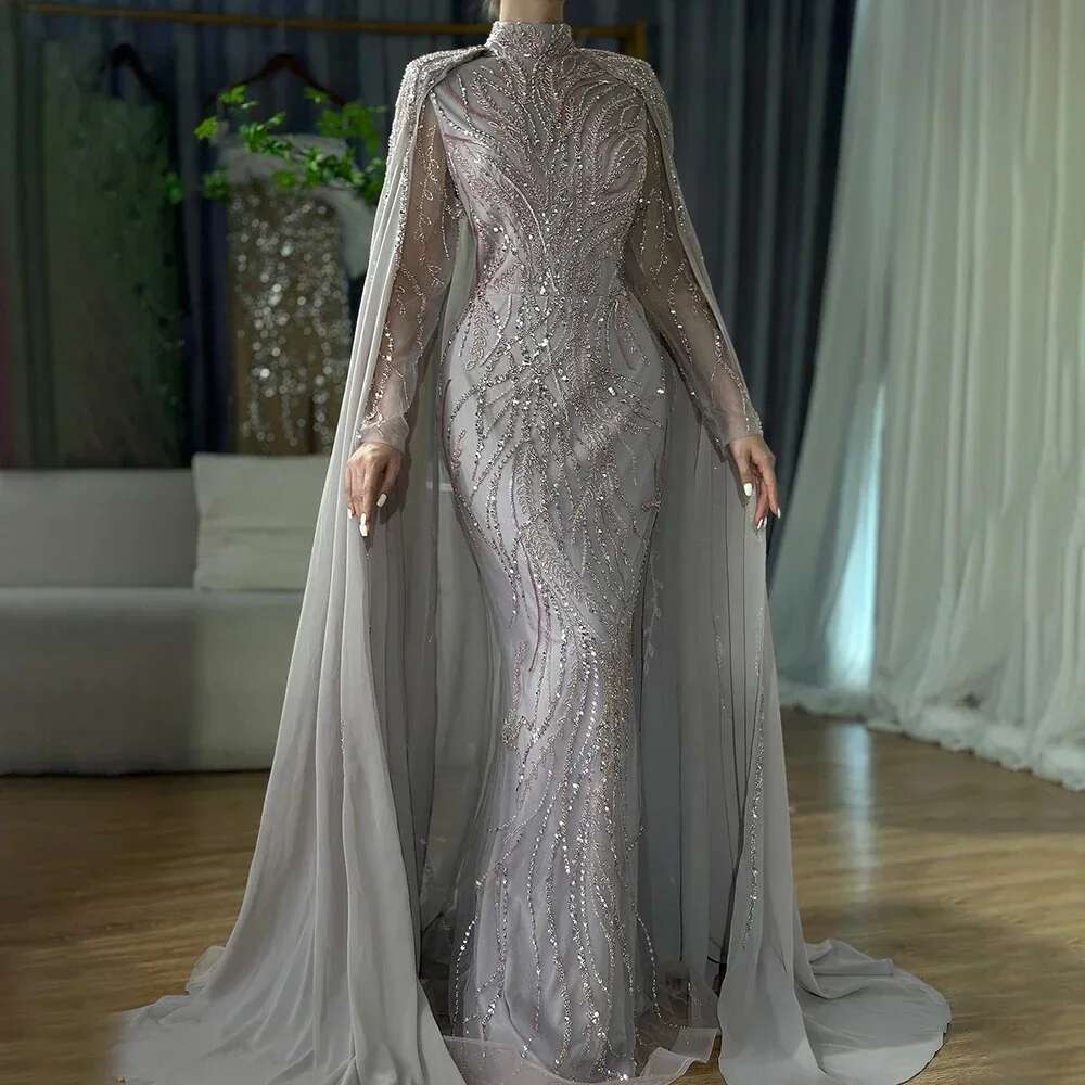Arabic Saudi Pink Mermaid Evening Dress With Beaded Satin Cape Sleeves For Formal Ocn Customize BLA A mal