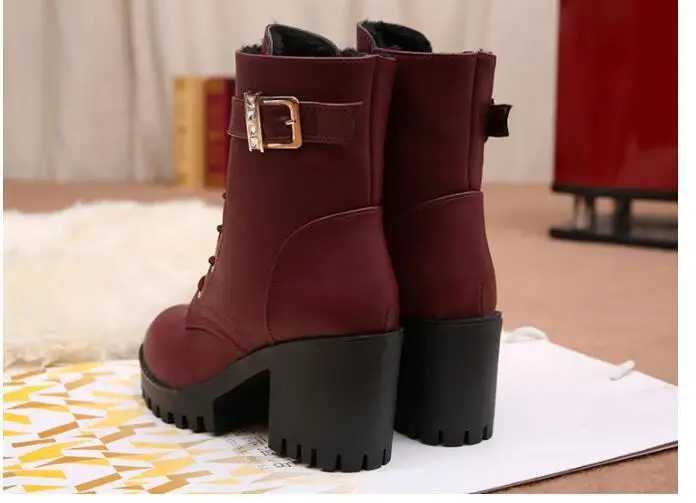 Hot Sale 2022 Women Boots Lace Up Flat Biker Wine Red Boots Shoes Buckle Woman Botas Women BootsXJ250217