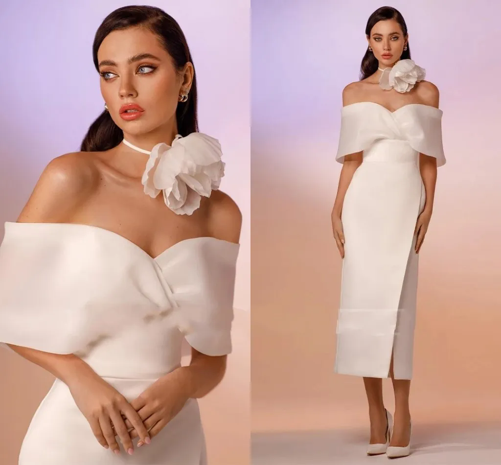 Short Wedding Dress White Satin Off the Shoulder Column Bride Party Gowns Women Tea Length Bridal Guest Dresses Vestidos De Noiva