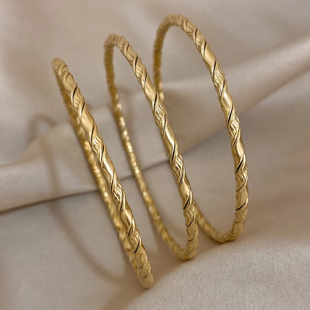 3pcs Gold Color Twist Stainless Steel Bangle Bracelet Chic Classic Tibetan Buddha Golden Stacked Bangles For Women 250213