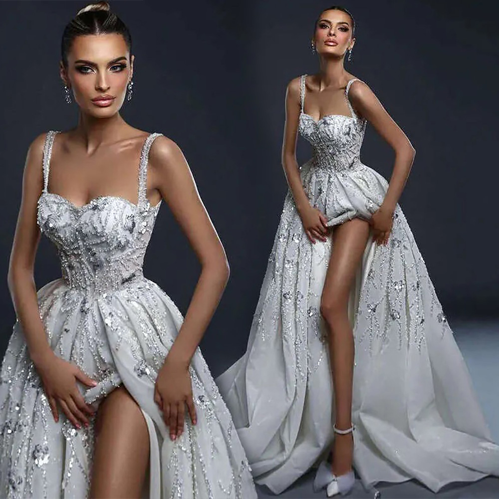 White Ivory A-Line Wedding Dresses Strapless Sequined Beading Strap Or Length Sleeveless Bride Vestido De Noiva Custom Made