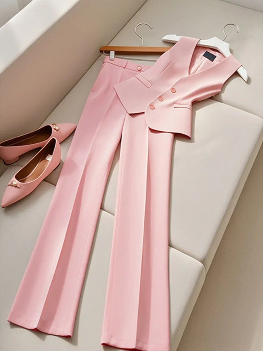 Korean Drama Dressing Style High-end Pink Professional Suit Vest Pants Summer Fashion Two Piece Set Women Outfits 250206